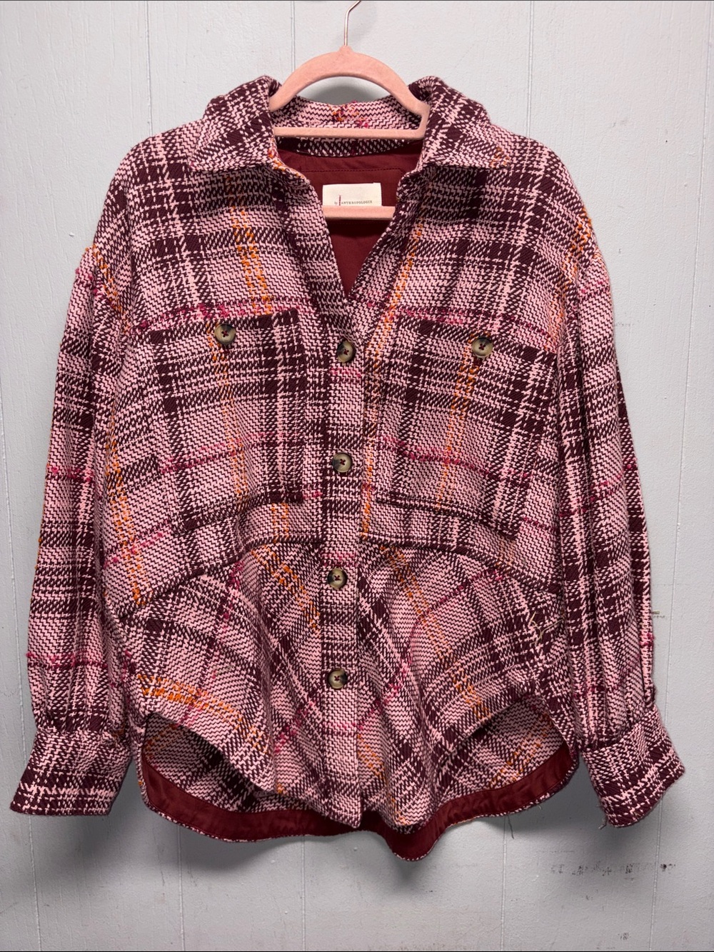 Anthropologie Pink and Burgundy Plaid Button-Up Shacket